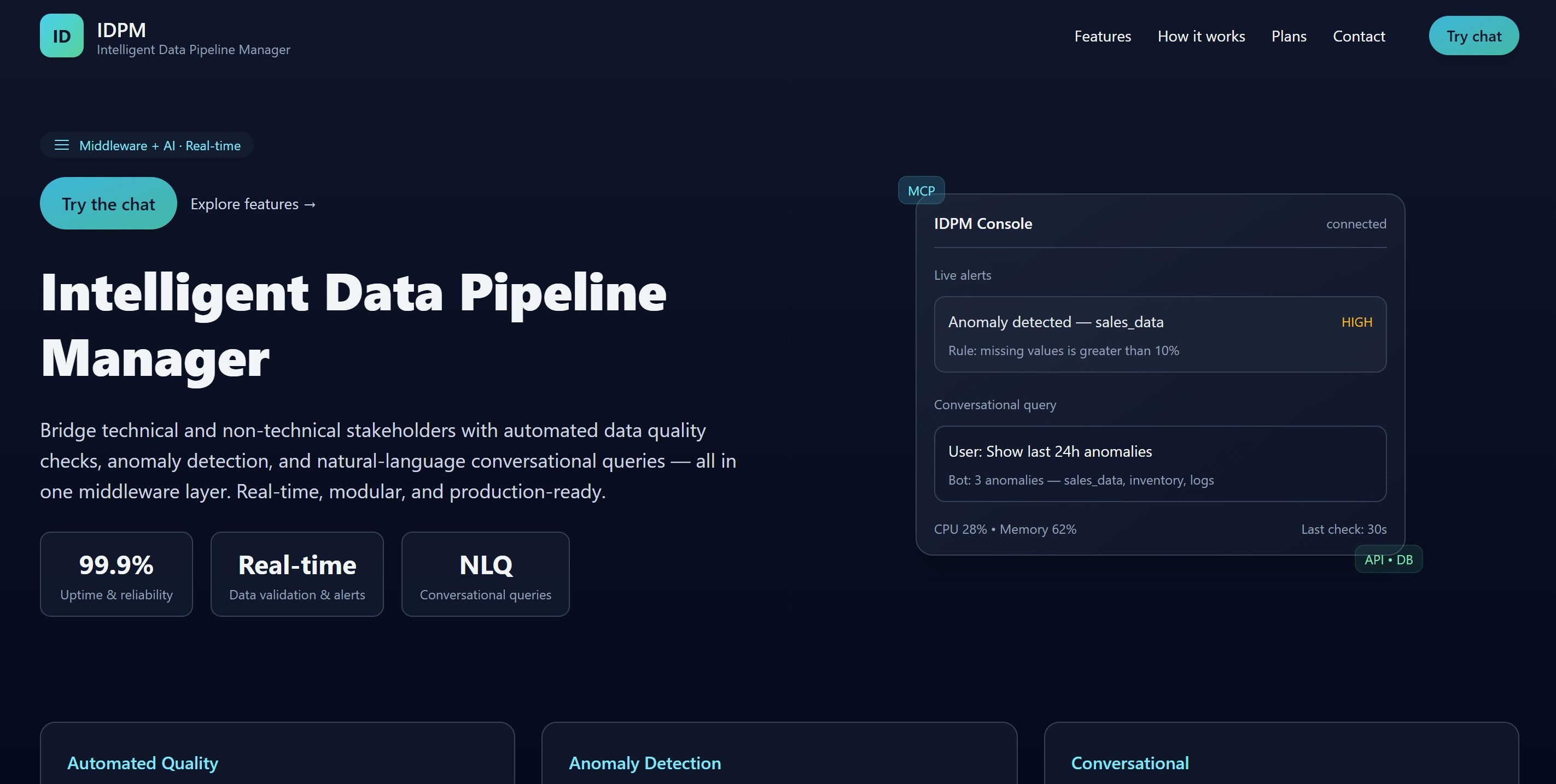 Screenshot of Intelligent Data Pipeline Manager - AI-powered middleware for intelligent data pipeline observability and management
